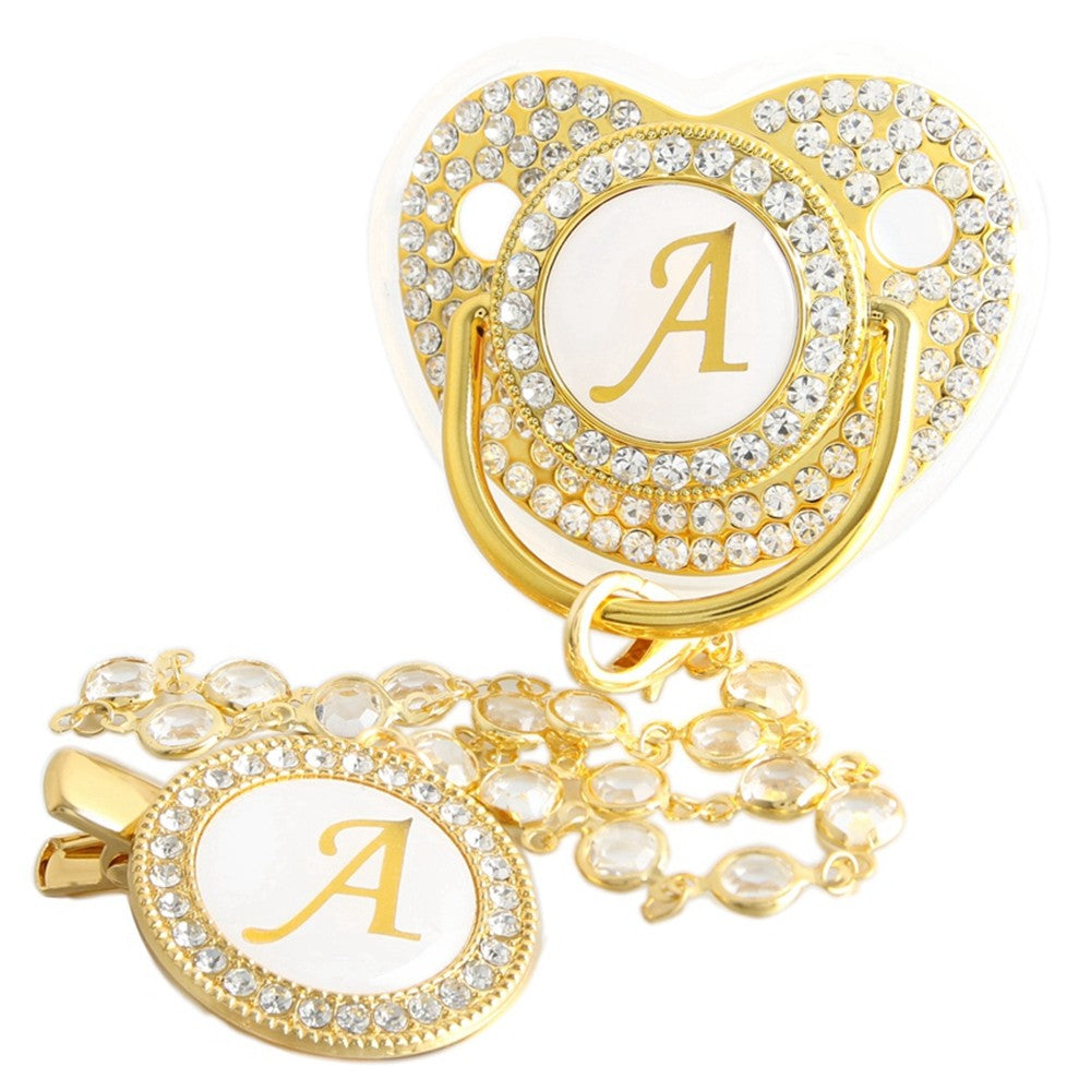 26 Initial Letters Golden Baby Pacifier With Diamond Chain Clip