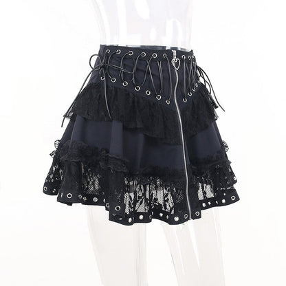 Women's Punk Vintage High Wasit Skirt Zipper Front Japanese Style Kawaii Black Harajuku Gothic Skater Cosplay Mini Skirts
