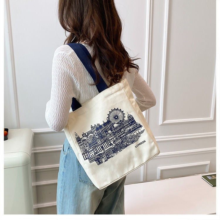 Canvas Women Handbags Shoulder Underarm Bag London Books Print Handbag Large Capacity Ladies Shopping Tote Bag Student Book Bags
