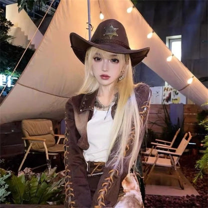 Chapéu Unissex de Cowboy para Praia em Camurça Sintética Aba Larga Proteção Solar Chapéu de Festa Cosplay Chapéu de Jazz Cor Sólida Respirável