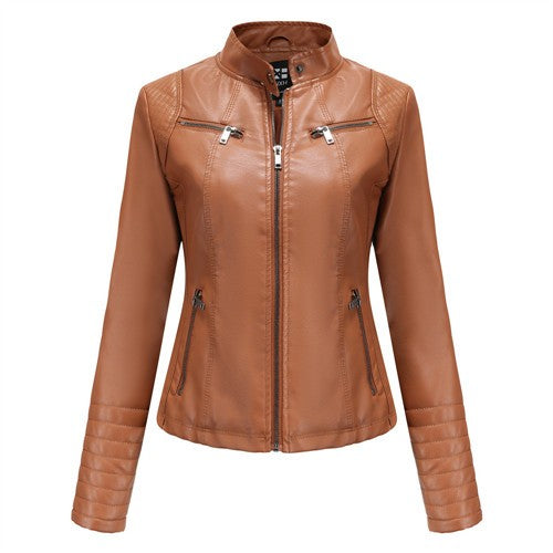 Women's Slim Leather Jacket, Stand-up Collar, Zipper Stitching, Monochromatic Coat, Fashion Clothing, New