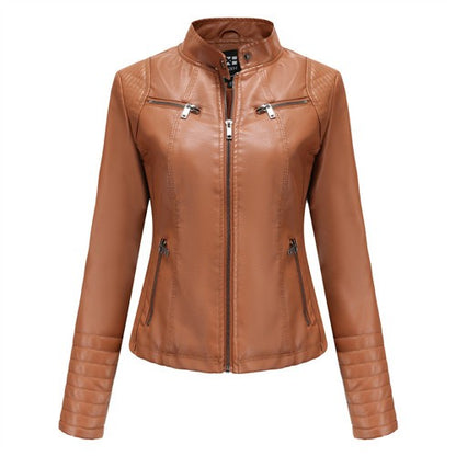 Women's Slim Leather Jacket, Stand-up Collar, Zipper Stitching, Monochromatic Coat, Fashion Clothing, New