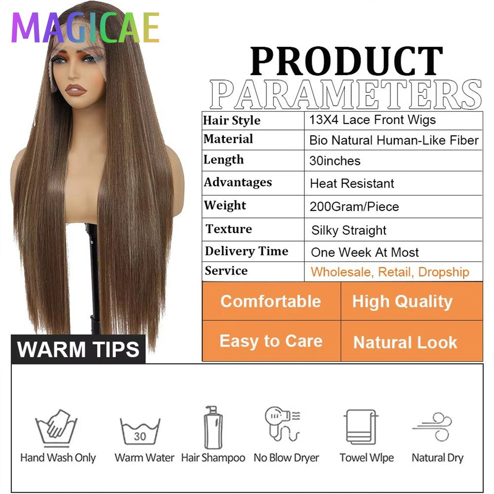 Perucas Frontais de Renda Reta de 30 polegadas 13X4 Castanho Claro P12/24 Ombre Coloridas Pré-selecionadas Macias Naturais de Alta Temperatura para Cosplay