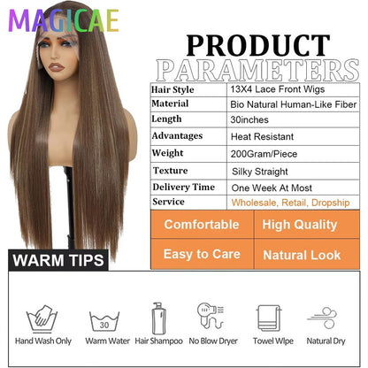 Perucas Frontais de Renda Reta de 30 polegadas 13X4 Castanho Claro P12/24 Ombre Coloridas Pré-selecionadas Macias Naturais de Alta Temperatura para Cosplay