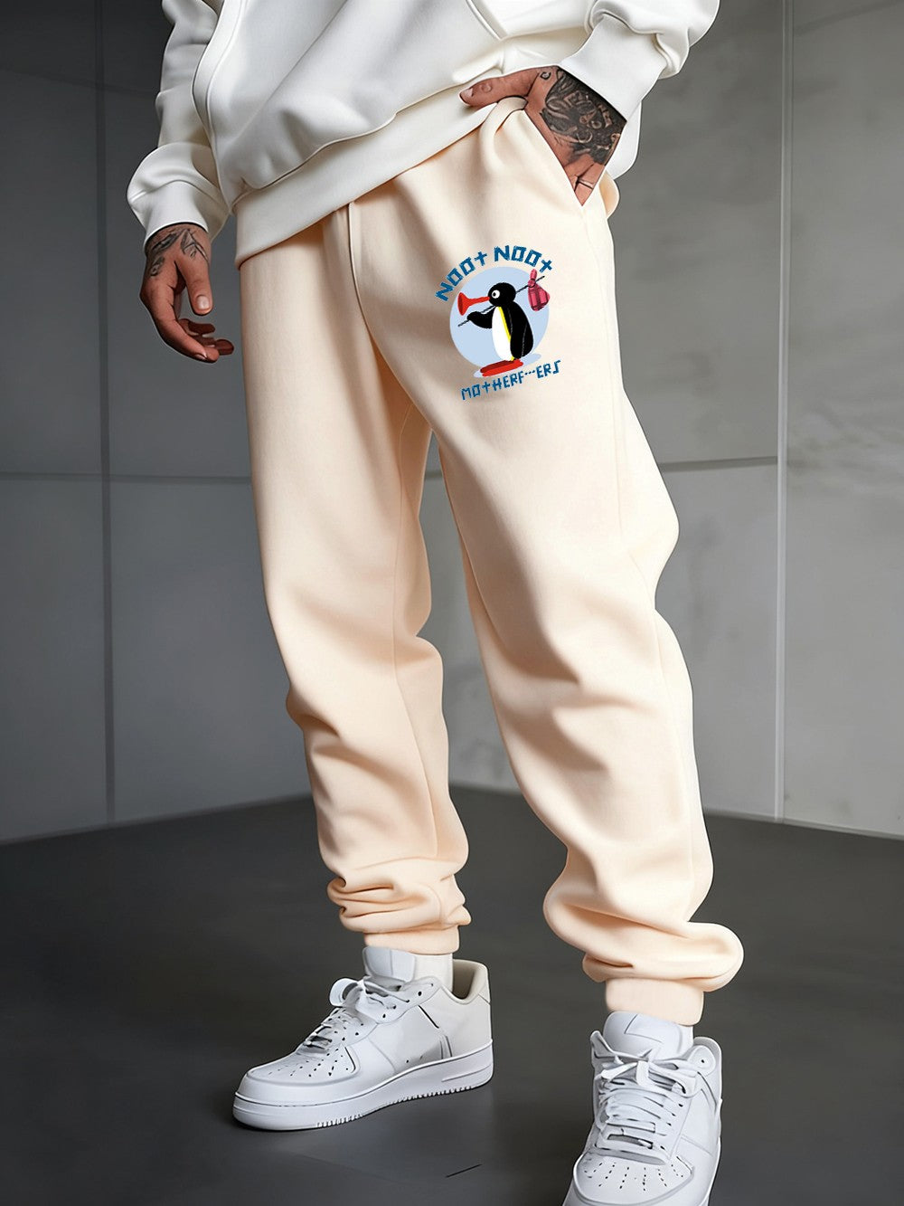 Noot Noot Cartoon Penguin Printing Sweatpants Men'S Basics Trousers Fleece Loose All-Match Sporty Pants Winter Men Streetwear