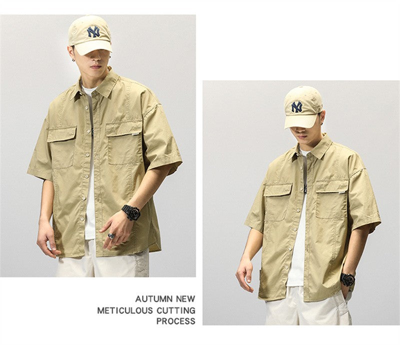 Summer Japanese Cargo Short Sleeve Shirt Men's Pockets Button Turn-down Collar Shirts Fashion Casual Cardigan blouses Tops