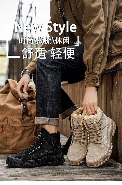Winter Fleece Warm High-top Men's Shoes Trendy Casual Outdoor Solid Color Mid-top Fashionable Round Toe Plus-size Snow Boots