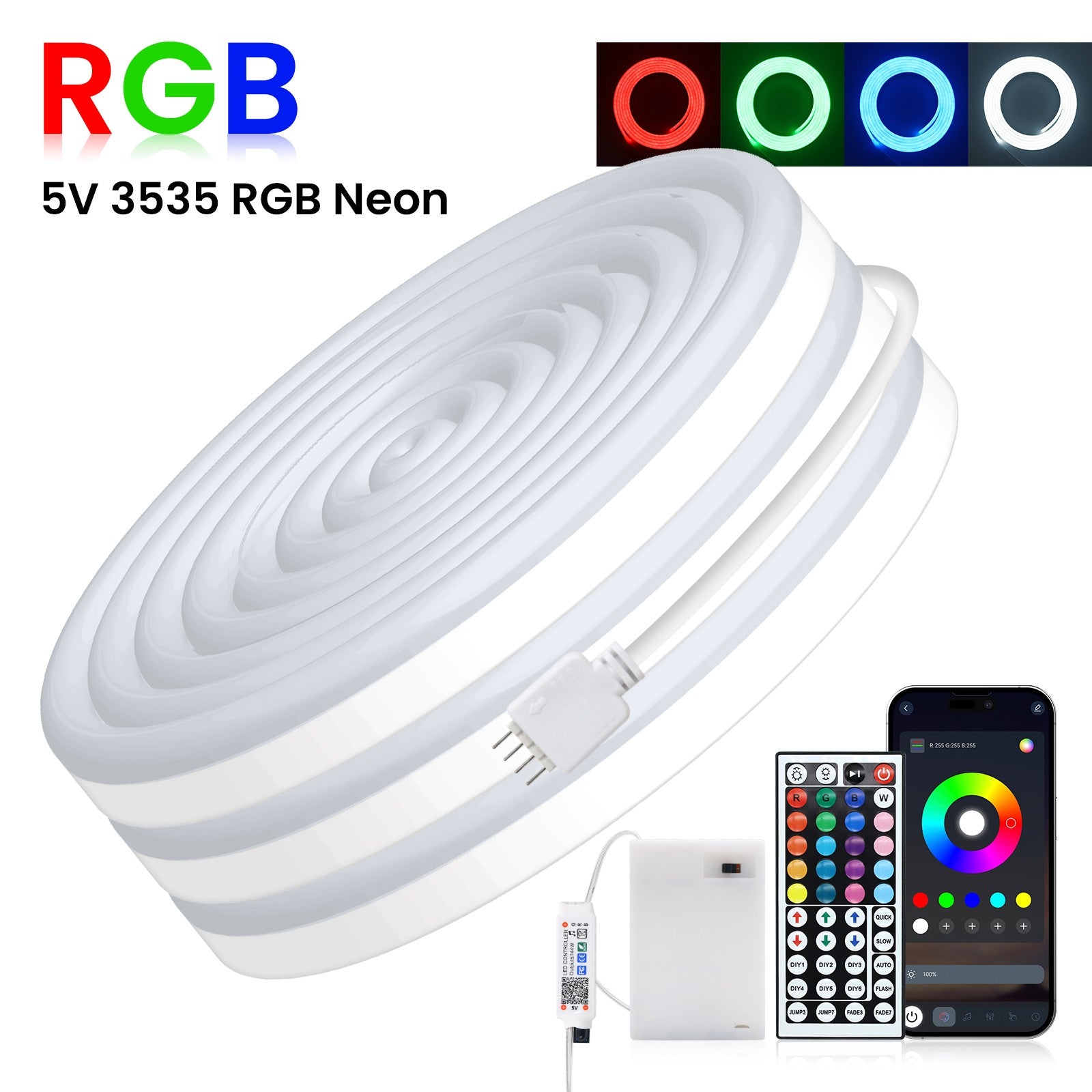 DC5V RGB LED Neon Light AA Battery Powered Bluetooth LED Strip SMD2835 IP65Waterproof Rating 108Leds/m With a remote control