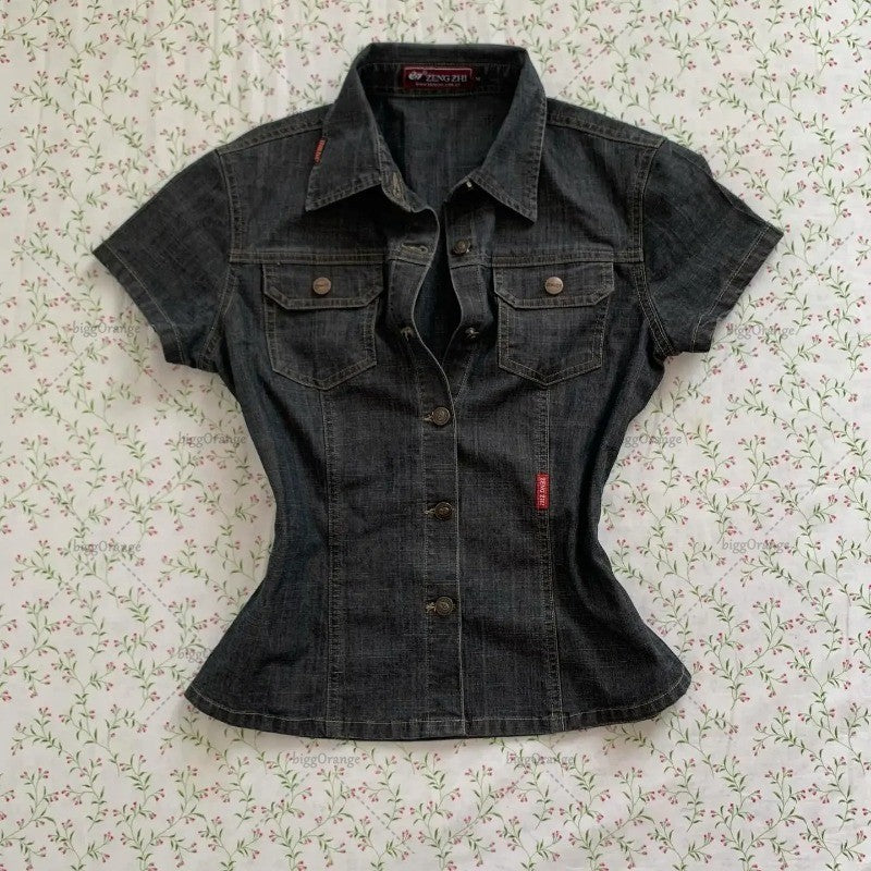 Slim-fit Retro Gothic Punk Harajuku Y2K Casual Jeans Top Women European and American Street Hip-hop Fashion Lapel Shirt