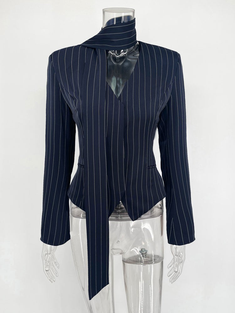 Tossy Elegant Female Striped Suit Coat For Women Scarf Lace-Up Patchwork V-Neck Long Sleeve Luxury Outwear Female Jackets Coat