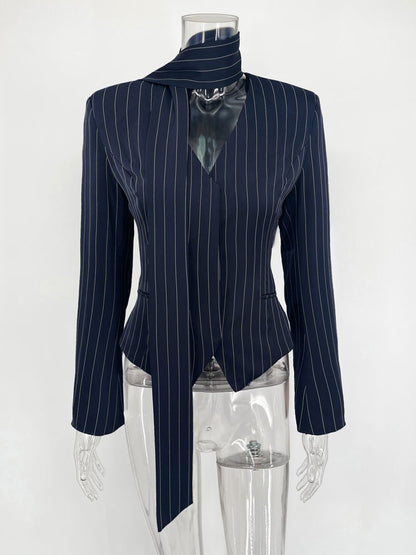 Tossy Elegant Female Striped Suit Coat For Women Scarf Lace-Up Patchwork V-Neck Long Sleeve Luxury Outwear Female Jackets Coat
