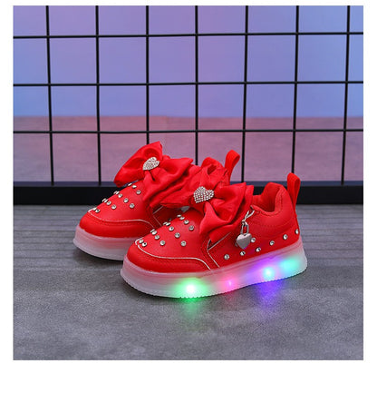 Spring Kids Shoes New Fashion Breathable Sneakers Kids Soft Non Slip Casual Girls Shoe LED Light Cute Versatile Princess Shoe