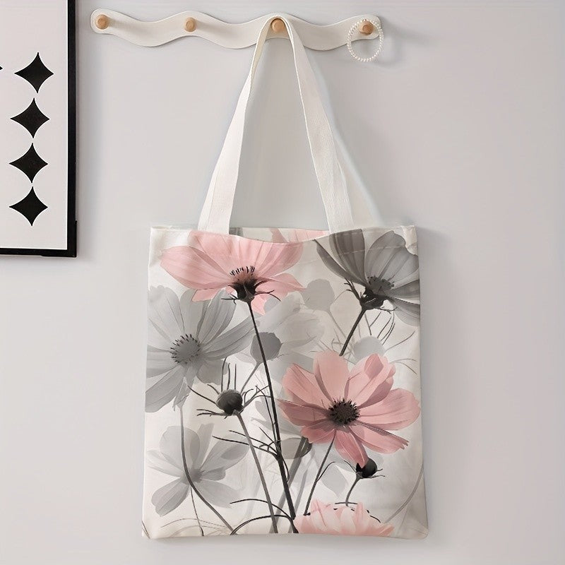 Floral Letter Pattern Printed Tote Bag Fashionable Reusable Shoulder Bag Polyester Handbag Lightweight Casual Shopper Bag