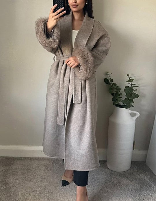 Casacos Curtos de Lã Elegantes com Cadarço Sólido Lapela Solta Cinto Peludo Manga Longa Jaqueta Feminina 2025 Outono Inverno Lady Chique Cardigãs