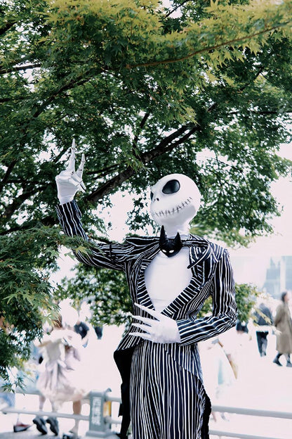 Anime Jack Skelington Black White Striped Cosplay Costume Men Retro Tailcoat Woman Dress Christmas Night Halloween Party Outfit