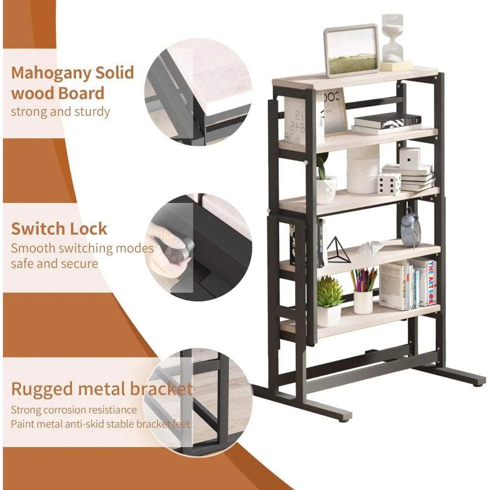 2-in-1 Shelf To Table Compact Furniture, Extendable Dining Table With Metal Frame, Convertible Kitchen Table For 4-6, 55inch