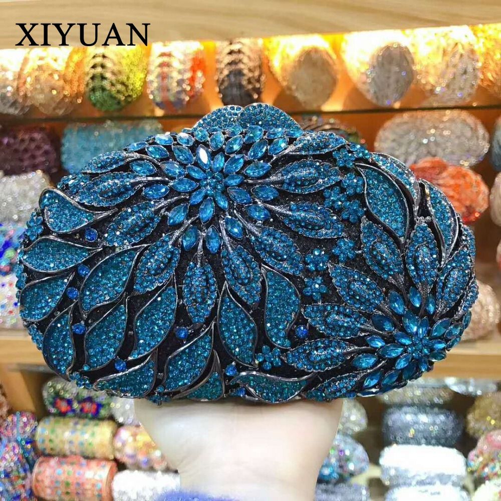 XIYUAN women red/pink/blue/gold/silver Hollow Out Flower Birthday party Crystal Evening bag Clutch purse Minaudiere Handbags