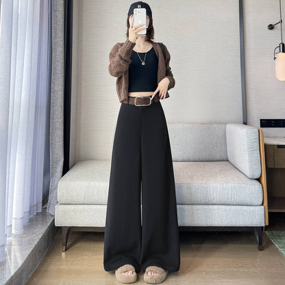 Grey Woolen Wide-leg Suit Pants Women 2025fall Winter New High-waisted Draping Straight-leg Casual Floor-length Thick Trouser