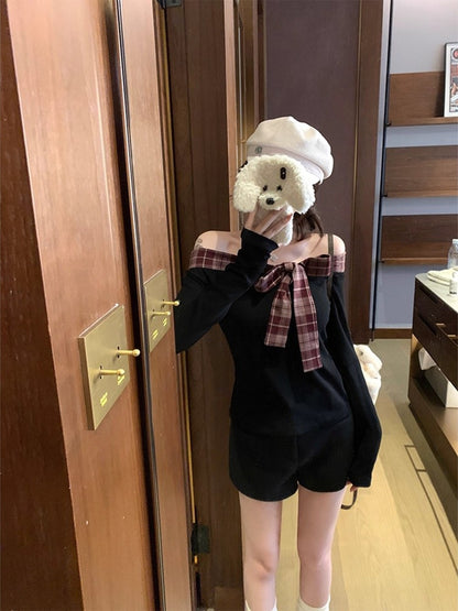 Cute and Sweet Plaid One-neck Long-sleeved T-shirt Fashionable Street Short One-Neck Long Sleeve T-Shirt Y2k Top Women Clothing