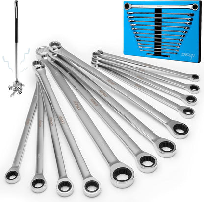 Conjunto de Chaves Catraca Extralongas 12+1 Peças, Métricas 8-22mm com Ferramenta Magnética para Presentes Masculinos