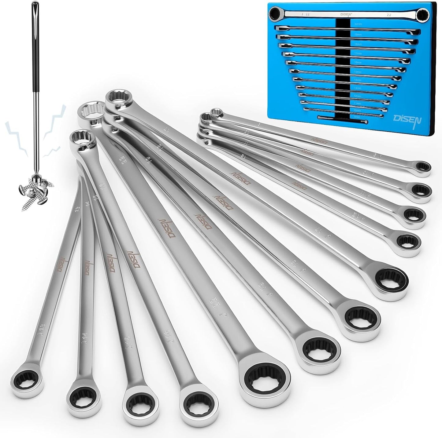 Conjunto de Chaves Catraca Extralongas 12+1 Peças, Métricas 8-22mm com Ferramenta Magnética para Presentes Masculinos