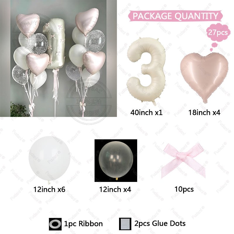 32inch Pink Bows Number Balloons Cream White Beige Number Foil Balloons Pink Bows For Birthday Coquette Themed Party Decor