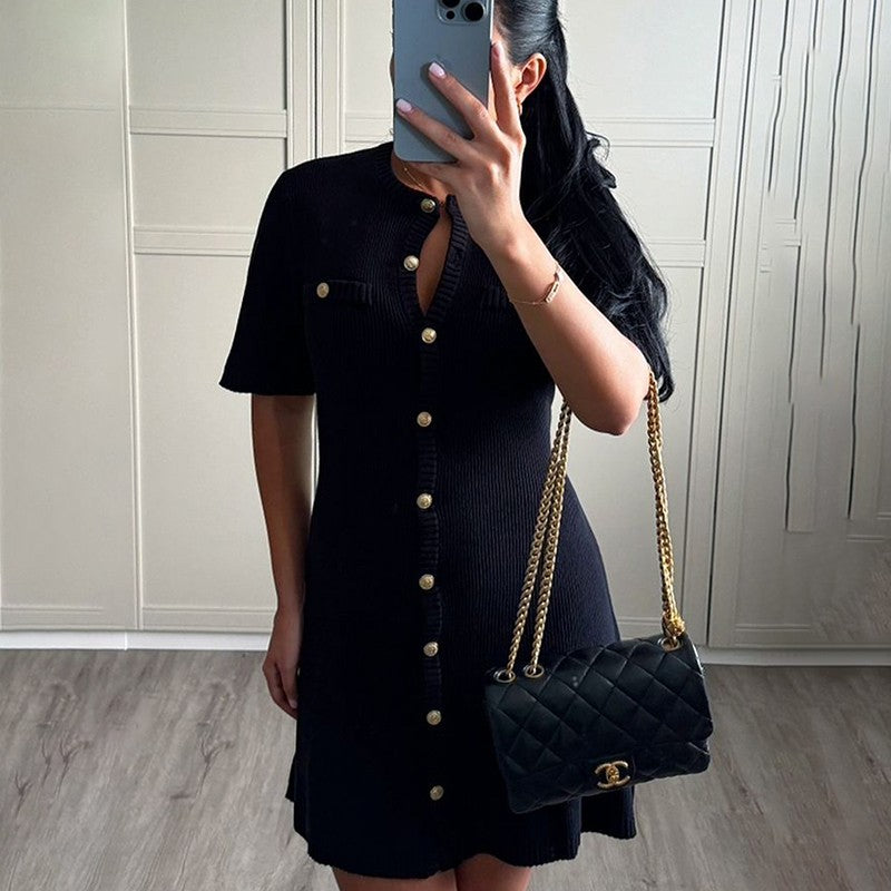 White Elegant Knitted Mini Dress For Women Metal Button Sexy Slim Rib Sweater Dr