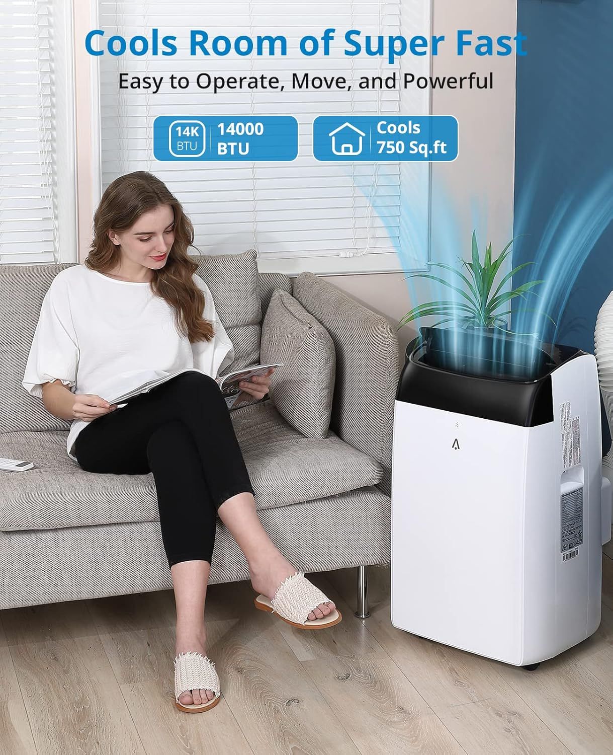 Ar Condicionado Portátil 14000 BTUs, Unidade AC de Resfriamento 3 em 1 Independente com Ventilador, Desumidificador, Controle Remoto, Modo de Sono