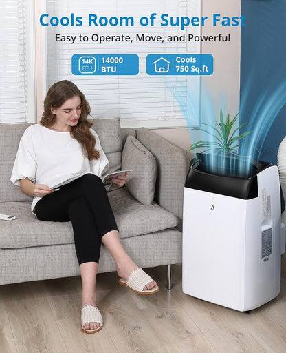Ar-condicionado portátil 14000 BTU, unidade de AC de chão 3 em 1 com ventilador, desumidificador, controle remoto, modo de hibernação