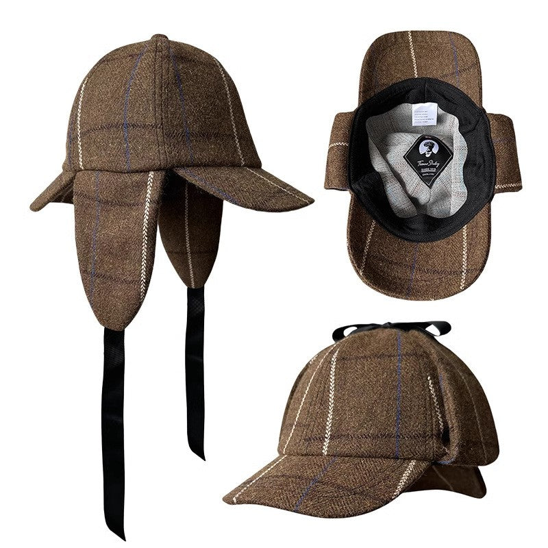 Unisex British-Style Sherlock Holmes Deerstalker Hat for Fall Winter Wool Blend Plaid Double Brim Ear-Warming, Trendy Detective