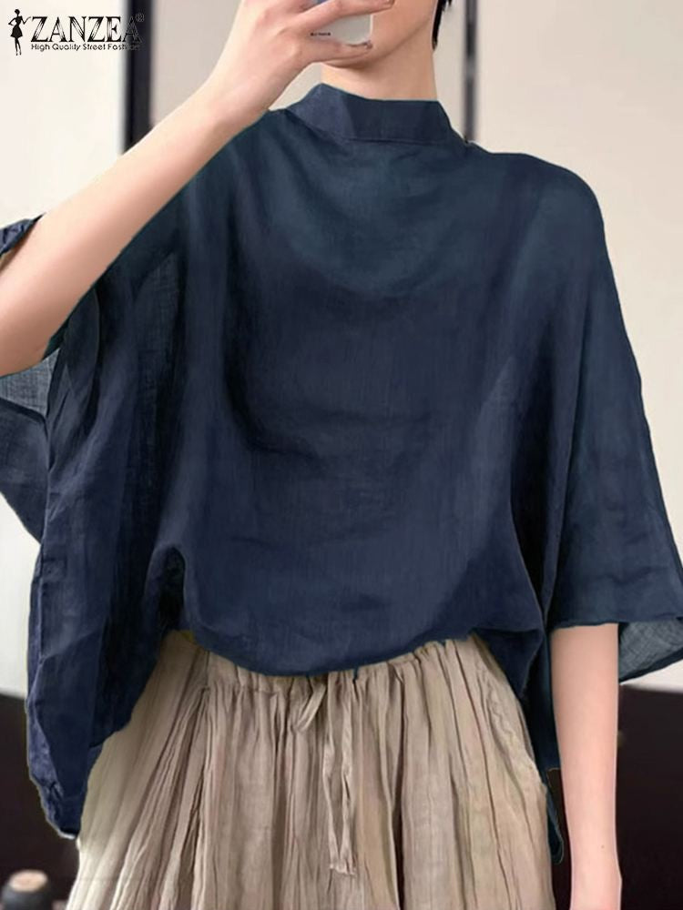 ZANZEA Women Bat Half Sleeve Blouse Summer Asymmetrical Tops 2024 Thin Stand Collar Tunic Casual Loose Transparent Tops Oversize