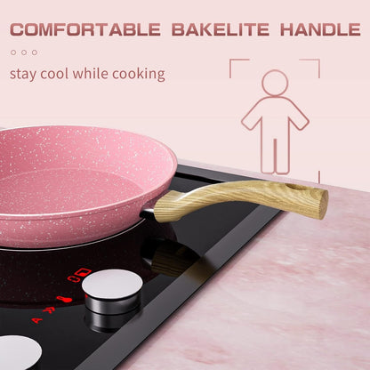 Non stick frying pan set, 8-inch, 9.5-inch, and 11 inch pink egg pans, anti warping base, compatible with induction