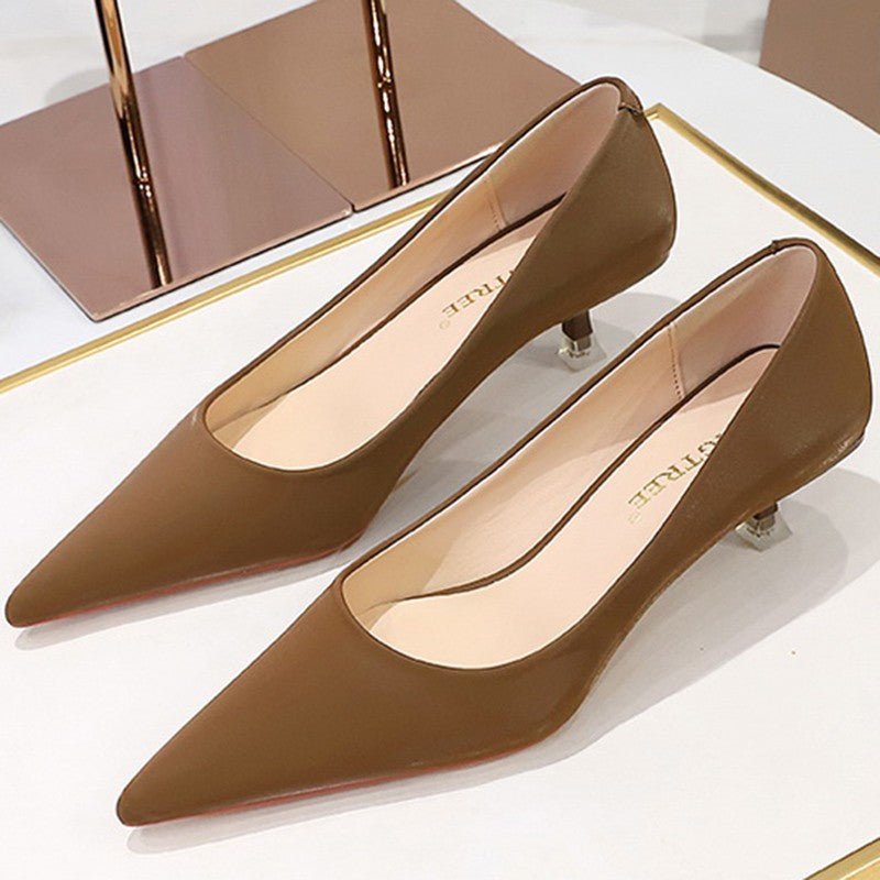 New Big Size Women's Boat Shoes Leather 4.5cm High Heels Pointed Toe Pumps Stilettos Basic Pump For Female White Black Wine Red