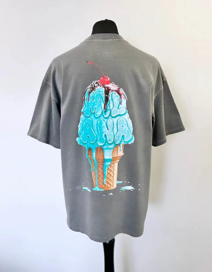 2025 summer new Harajuku street style ice cream print short sleeve cotton T-shirt men Y2k top Gothic style loose couple shirt