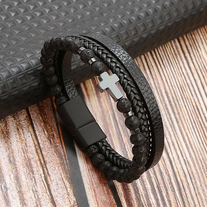 Pulseira de Couro Jiayiqi Masculina Punk Hip Hop Metal Charm Contas Olho de Tigre Pulseira Multicamadas para Homens Joia da Moda Presente