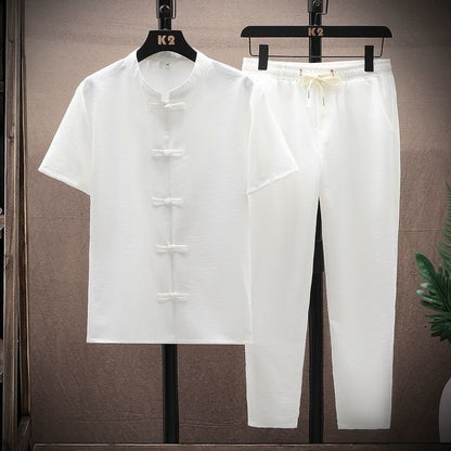 Summer New Fashion Solid Color Breathable Cotton and Linen Suit Men's Leisure Loose Sports Large Size High-Grade Two-Piece Set