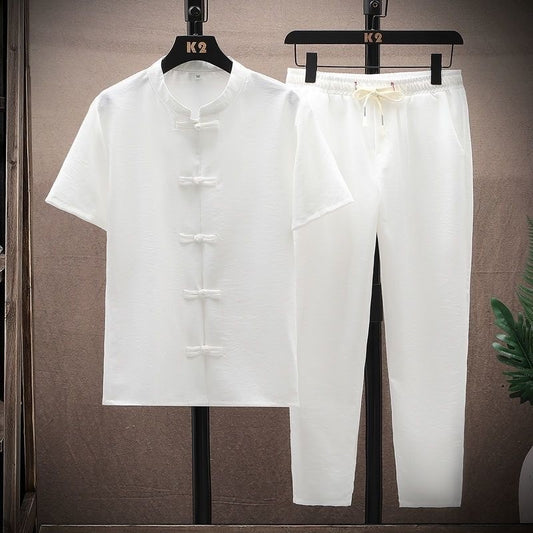 Summer New Fashion Solid Color Breathable Cotton and Linen Suit Men's Leisure Loose Sports Large Size High-Grade Two-Piece Set