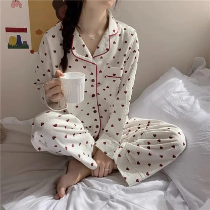 M-XXL Large Size Nightwear Women Sleepwear Autumn and Winter Cardigan Home Wear Peach Heart Long Sleeves School Silk Pajamas
