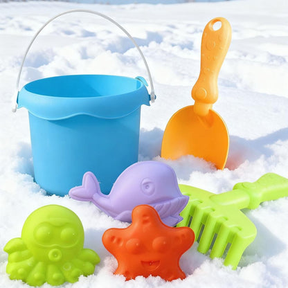 Beach Toy Set for Kids Plastic Sand Play Set with Bucket, Shovels, Molds Sea Creature Molds, Smooth Edges, Bright Colors