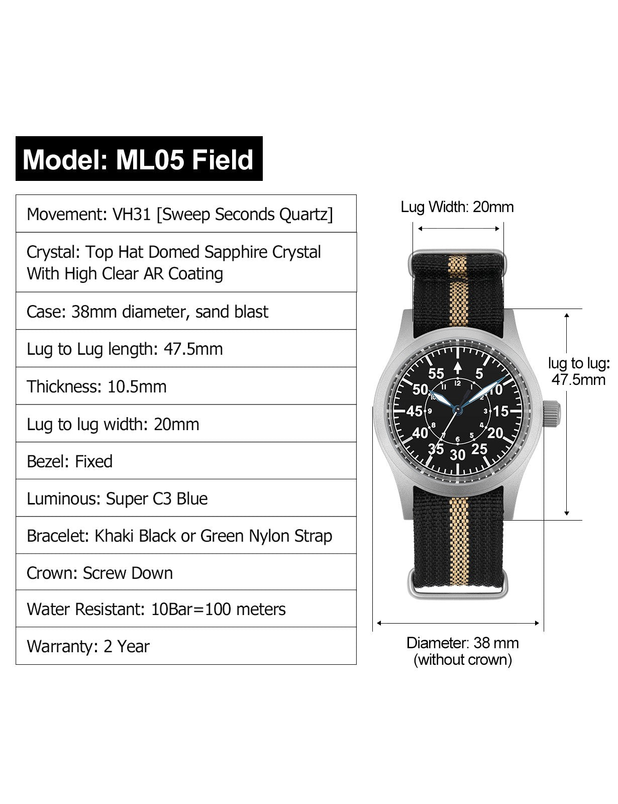 Militado Ml05 Vintage Field Watch VH31 Sweep Second Quartz Movement Sapphire Crystal High Clear AR Coating Luminous 38Mm Watches