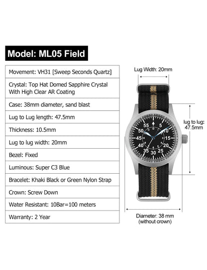 Militado Ml05 Vintage Field Watch VH31 Sweep Second Quartz Movement Sapphire Crystal High Clear AR Coating Luminous 38Mm Watches