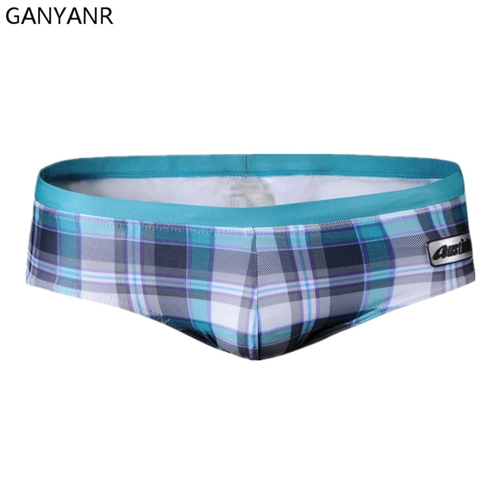GANYANR Brand Swimming Trunks Swimwear Men Sunga Swimsuit Bikini Gay Sexy Swim Shorts Plaid Briefs Low Waist Bulge Pouch 2017