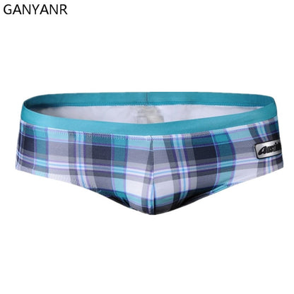GANYANR Brand Swimming Trunks Swimwear Men Sunga Swimsuit Bikini Gay Sexy Swim Shorts Plaid Briefs Low Waist Bulge Pouch 2017