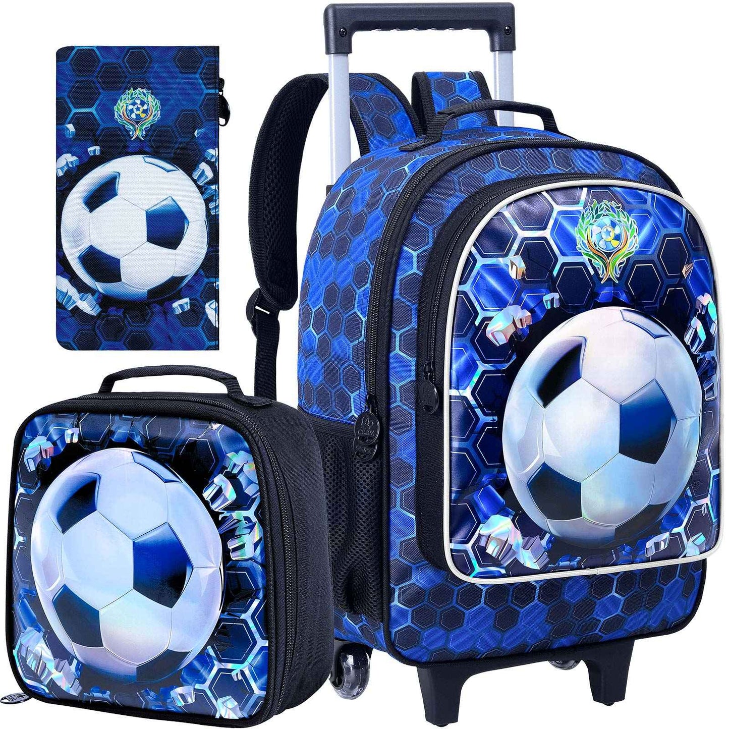 Mochila de Rodinhas 3 Peças para Meninos, Mochila Escolar com Rodinhas de Futebol com Lancheira, Mochilas de Rodinhas de Futebol para Adolescentes Meninos Ensino Fundamental