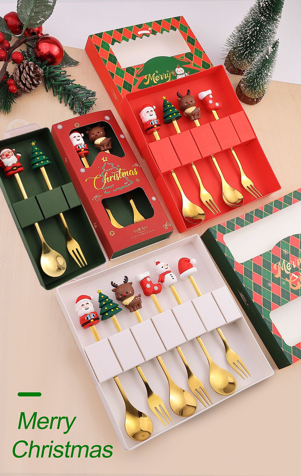 Christmas Themed Cutlery Gift Set 2/4/6pcs Stainless Steel Forks Spoons for Dessert, Creative Holiday Tableware Coffee Tea Party