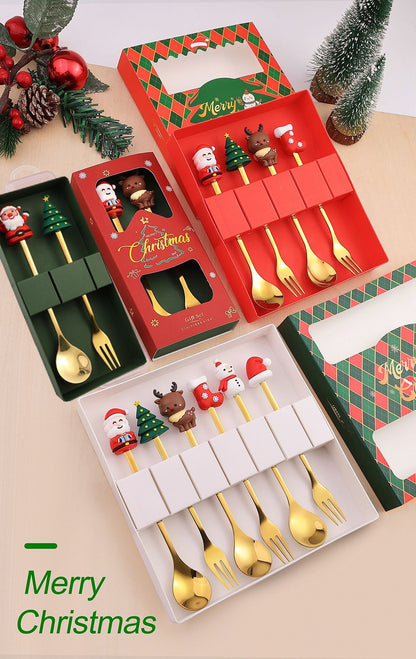 Christmas Themed Cutlery Gift Set 2/4/6pcs Stainless Steel Forks Spoons for Dessert, Creative Holiday Tableware Coffee Tea Party