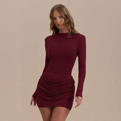 Lady Long Sleeve Ruched Sexy Mini Dress Women Autumn Winter New Elegant Solid High Waist Bodycon Club Party Dresses Female 2025
