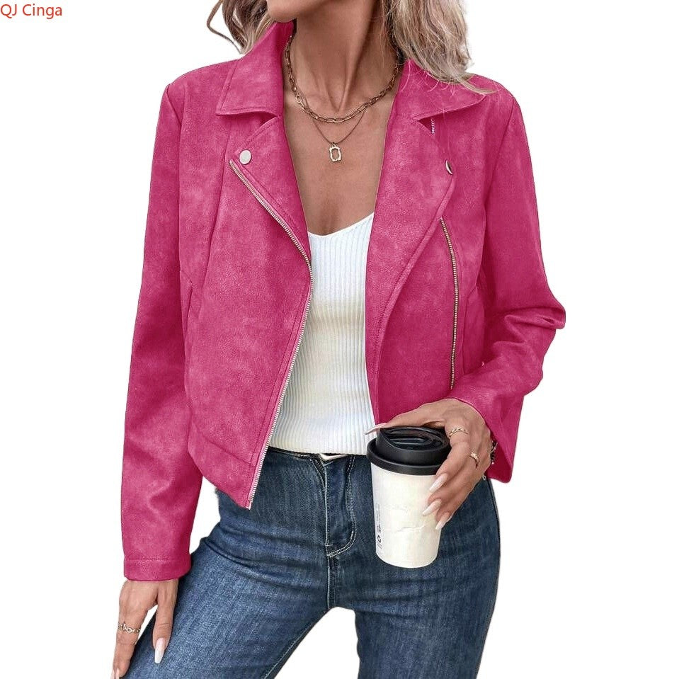 New Autumn Rose Red Women's Short Jacket, Zipper Closure, Lapel Collar, Fashionable Casual Coat.