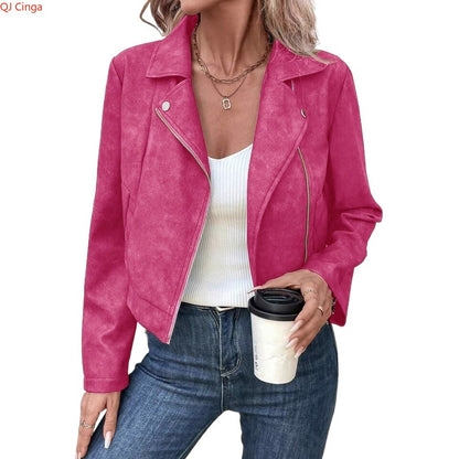 New Autumn Rose Red Women's Short Jacket, Zipper Closure, Lapel Collar, Fashionable Casual Coat.