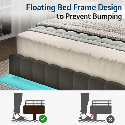 Estrutura de Cama Queen com Luzes LED e Cabeceira Estofada Grande, Plataforma Moderna de Veludo com Design Flutuante, Sem Box